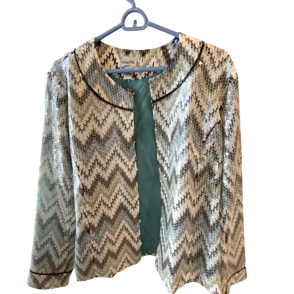 Chico’s Multicolor Sequin Metallic Threads Jacket Lined Chico’s Size 2 US Large